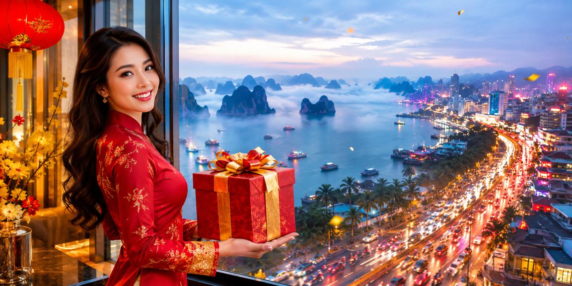 Cảnh neon rực rỡ vịnh Hạ Long ban đêm gợi không khí giải trí và xổ số